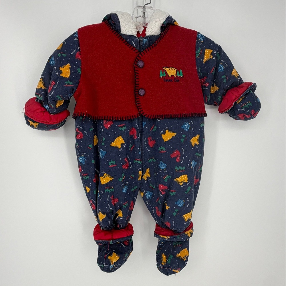 Gumballs by Claire Bell Vintage Snowsuit Baby 12M Navy Red Animal Print Hooded